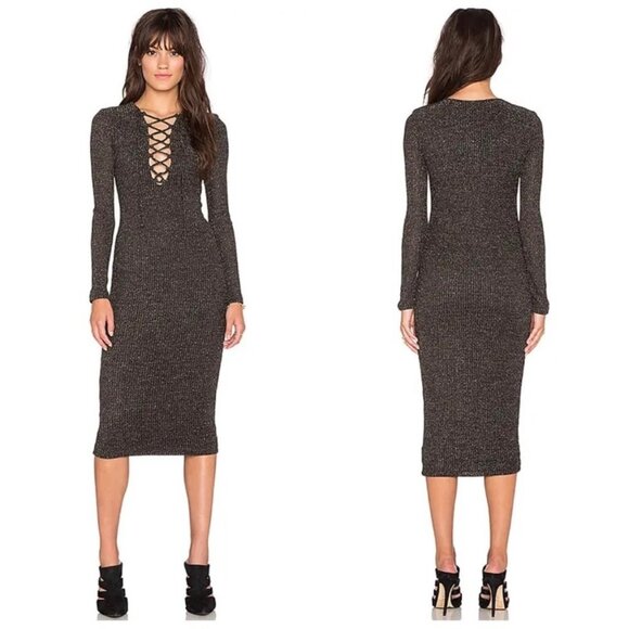 Bardot Romeo Lace Up Dress Size Small Black Gold Metallic Midi Long Sleeve - Picture 7 of 9